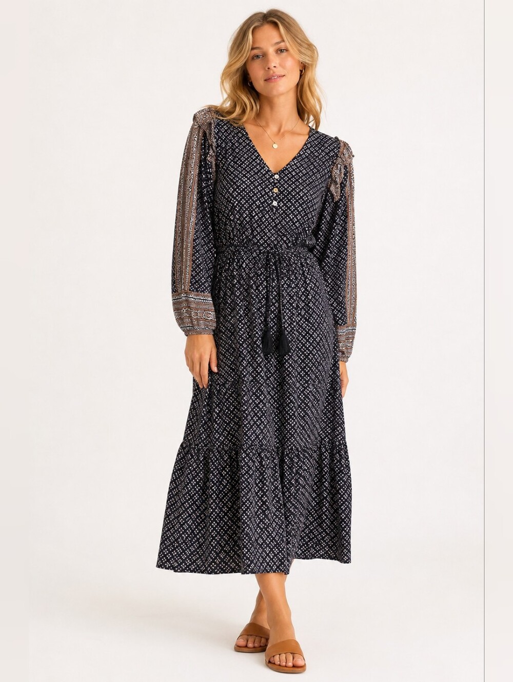 Cleobella Boho Midi Dress Women's Large Ruffles Buttons Tiered Skirt Gypsy Artsy